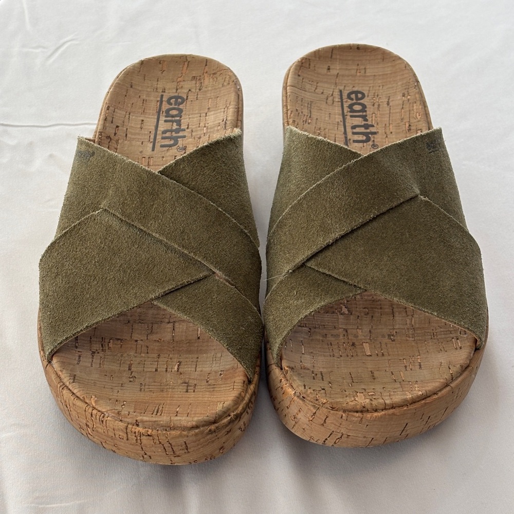 EARTH Scout Women's Size 5.5 Slip-on Platform Sandals Green Leather Comfort - Picture 2 of 8